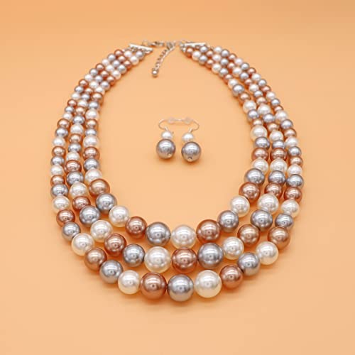 Chunky Layered Imitation Pearl Necklace for Women 3 strand Pearl Necklaces Faux Pearl Necklace Earrings Set 1920s Flapper Gatsby Costume Accessories - color: 3 strand pearl necklace champagne grey white