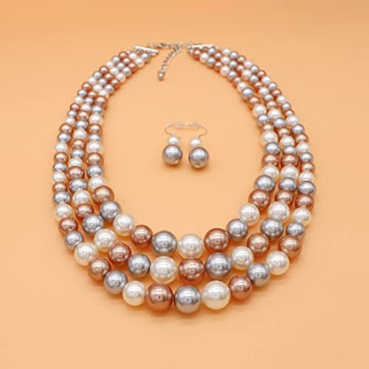 Chunky Layered Imitation Pearl Necklace for Women 3 strand Pearl Necklaces Faux Pearl Necklace Earrings Set 1920s Flapper Gatsby Costume Accessories - color: 3 strand pearl necklace champagne grey white