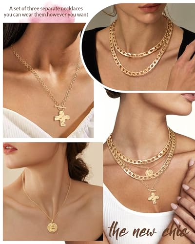 MJartoria Layered Necklaces for Women Trendy Retro Coin and Cross Pendant Necklace Dainty Chunky Chain Necklaces for Jewelry Birthday Gifts - color: Gold