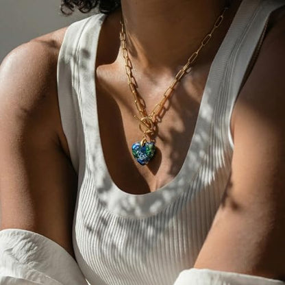 Puff Heart Healing Stone Necklace for Women, 14K Gold Plated Choker Paperclip Stainless Steel Chain, Colorful Natural Stone Boho Necklace Jewelry Gift for Women - color: Blue Stone-Gold