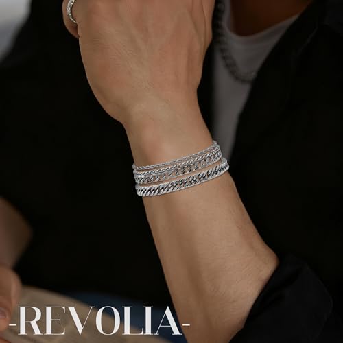 REVOLIA 8Pcs Stainless Steel Chain Bracelets for Men Women Cuban Link Bracelets Paperclip Figaro Rope Chain Bracelets Set 6.8-9 Inches - color: Silver