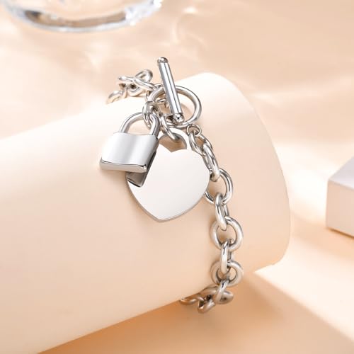 VNOX Personalized Initial Name Stainless Steel Trendy Cable Chain Bracelet Neckalce Set with Padlock Heart Charm and Toggle Clasp Closure - color: Silver Bracelet