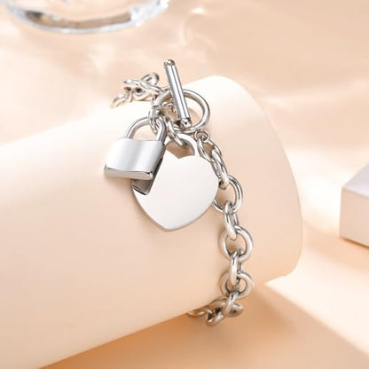 VNOX Personalized Initial Name Stainless Steel Trendy Cable Chain Bracelet Neckalce Set with Padlock Heart Charm and Toggle Clasp Closure - color: Silver Bracelet