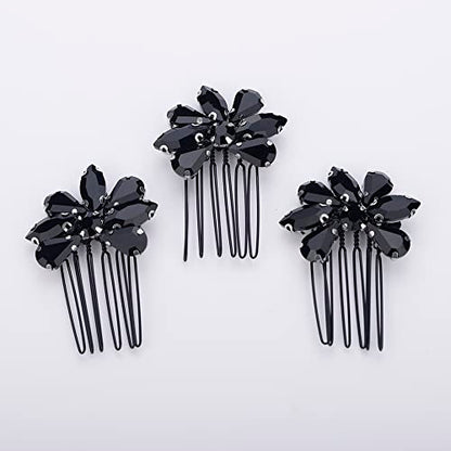 Teyglen Simple Rhinestones Crystal Bride Wedding Hair Comb Set Handmade Red Blue Black Crystal Side Hair Combs Bridal Hair Jewelry Set for Women Bride Girls (Black) - color: Black