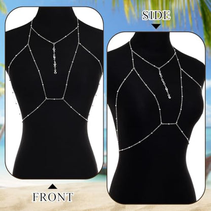 Urieo Sparkly Beads Bra Chain Silver Crystal Chest Chains Rhinestone Layered Sexy Nightclub Beach Rave Body Chain for Women - style: A-silver