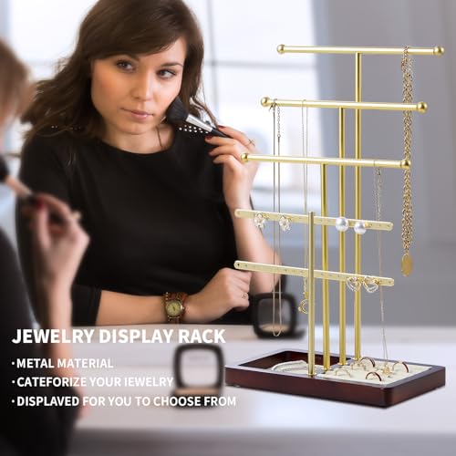 modern T-shaped jewelry rack, jewelry tower, gold metal, square ceramic base decoration display tower, necklace, bracelet, ring storage rack (4-layer wooden pallet black) - style: 4-layer wooden pallet black