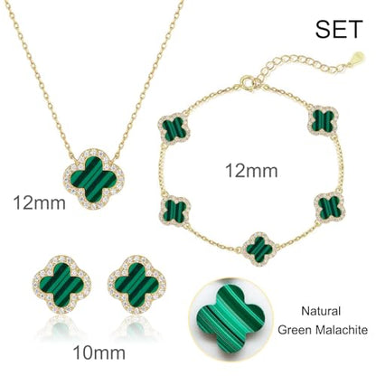 925 Sterling Silver Four Leaf Clover Bracelet – Real Silver Lucky Clover Jewelry for Women, Dainty Good Luck Gift for Her - color: Gold-Plated Malachite