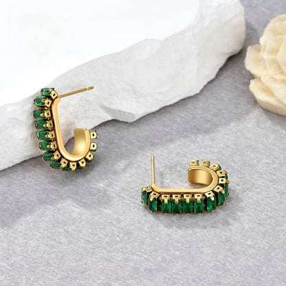 Green Crystal huggie gold hoop earrings for women Girls,14K Gold Plated with 925 Sterling Silver Post color Cubic Zirconia dainty cute Earrings| CZ Stud Earring - color: Green stone