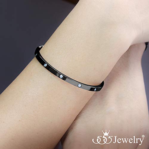 555Jewelry Womens Sparkling Cubic Zirconia Secure Hinge Lock Bangle Stainless Steel Bracelet - color: Black