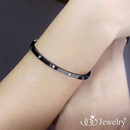 555Jewelry Womens Sparkling Cubic Zirconia Secure Hinge Lock Bangle Stainless Steel Bracelet - color: Black