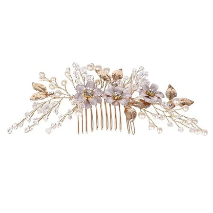 Flower Leaf Design Wedding Hair Comb, Metal Bridal Hair Accessory with Rhinestone, Wedding Prom Hair Clip Headpiece for Women (Gold Flower) - color: Gold Flower