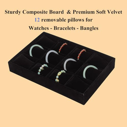 Jewelry Watch Tray, Black Velvet Watch Jewelry Organizer 12 Grid, Stackable Watch Bracelet Bangle Display Holder, Adjustable Pillows, for Man Woman Show Birthday - color: Black