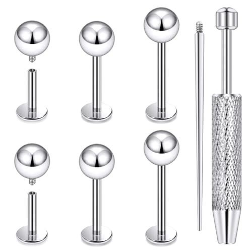 Internally Threaded Labret Studs 18G 16G 14G Surgical Steel Lip Piercing Jewelry with Claw Tool Monroe Snake Bite Jewelry Flat Back Barbell for Women Men Plus Piercing Ball Grabber Tool - color: silvertone, size: 14g,ball end