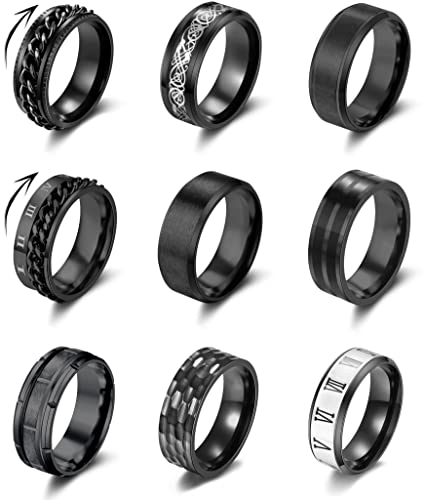9Pcs Stainless Steel Band Rings for Men Women Fidget Anxiety Relief Rings Spinner Ring Wedding Promise Rings Set - color: Black