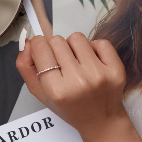 HONGRUI Valentine Thin Band Eternity Rings Gold Plating Cubic Zirconia Egagement 1.4mm Rings Wedding Anniversary Christmas Stackable Ring For Women jewelry Gifts - color: Silver