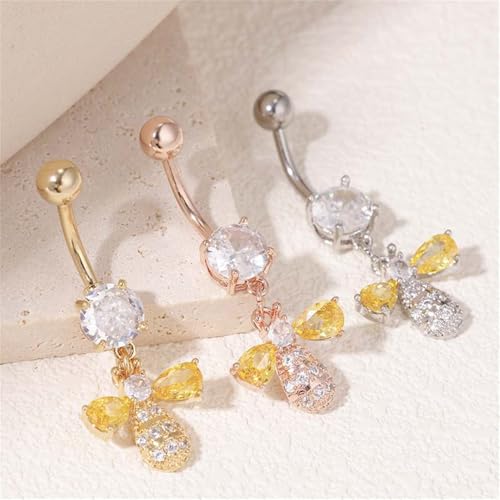 14G Bee Dangle Belly Button Ring, Cubic Zirconia Crystal Honeybee Navel Piercing Barbell Belly Body Jewelry for Women - color: Silver