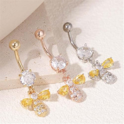 14G Bee Dangle Belly Button Ring, Cubic Zirconia Crystal Honeybee Navel Piercing Barbell Belly Body Jewelry for Women - color: Silver