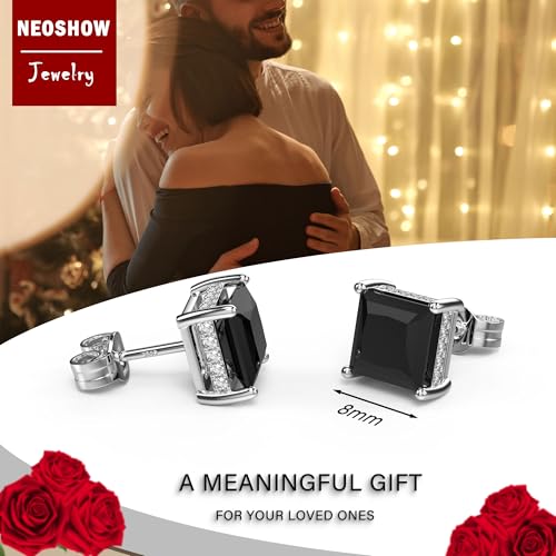 Princess Cut Cubic Zirconia Stud Earrings for Men Women | Square CZ Simulated Diamond Studs, 18K White Gold Plated Sterling Silver, Hypoallergenic - color: Black, size: 8MM