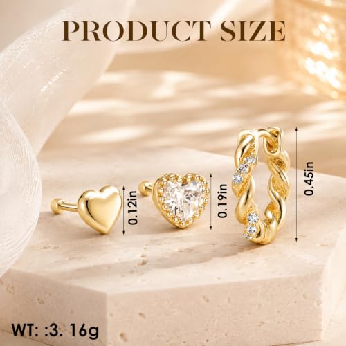 Huggie Hoop Earrings,Dainty Earring Set,3 Pairs Heart Stud, CZ Heart Stud and Twisted Huggie Hoop, Fashion Jewelry for Women