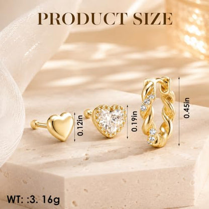 Huggie Hoop Earrings,Dainty Earring Set,3 Pairs Heart Stud, CZ Heart Stud and Twisted Huggie Hoop, Fashion Jewelry for Women