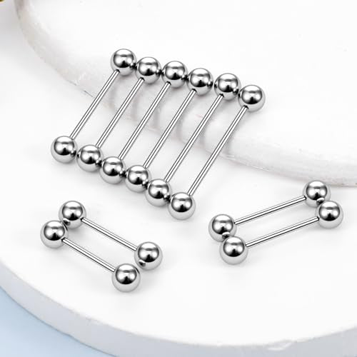 Hecila 10PCS Metal Tongue Rings Nipple Piercing Jewelry Externally Threaded Stainless Steel Straight Barbells Piercing Short Long Bar Silver Bridge Piercings for Women Men 12mm 14mm 16mm 18mm 20mm