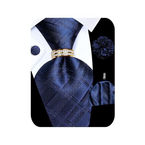5PCS Mens Silk Tie, Pocket Square, Cufflinks, Drilled Tie Ring and Lapel Pin Set for Wedding Groom Party - color: Blue Plaid Tie Set -228+18