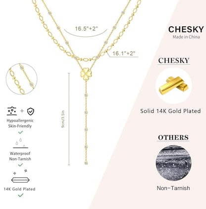 CHESKY Lariat Gold Necklace for Women, Dainty Long Necklace 14k Gold Plated Y-Shaped Pendant Necklace Trendy Layered CZ Beaded Chain Drop Necklaces Simple Gold Jewelry for Women Gifts - color: 7