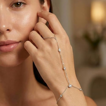 Mchic Hand Chain Tennis Bracelets for Women Trendy: Dainty Diamond Beaded Bracelet 14K Gold Plated/Silver Finger Ring Bracelet Hand Chain Jewelry Adjustable Sparkly Prom Bracelets - color: Rhombic CZ hand chain silver