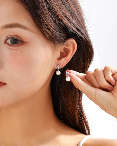 Pearl Earrings for Women, 14k Gold Plated Trendy Diamond Pearl Drop Earrings Bridal Shower Gifts Wedding jewelry for Women - color: Style G Silver