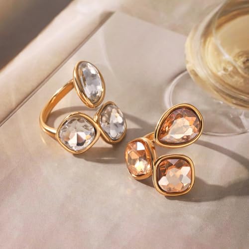 Geometric Crystal Statement Ring for Women Stainless Steel Adjustable Open Bezel Square Teardrop Austrian CZ Princess Cut Wedding Promise Finger Rings Comfort Fit Stacking Band Dainty Jewelry Art Deco - color: Clear Cz