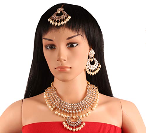 Touchstone Indian Bollywood Traditional Craftsmanship Mughal Designer Jewelry Wedding Necklace Set in Antique Gold Or White Tone for Women. - style: D592 Pearl