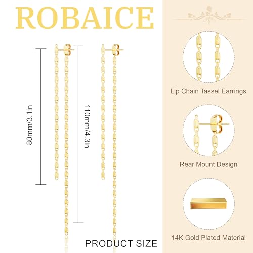 Robaice 14K Gold Plated Dangle Earrings for Women, Long Drop Earrings | Dainty Tassel Earrings Trendy, Hypoallergenic Dangling Lip Block Snake Chain, Threader Earrings for Women, Jewelry Gifts - color: Gold 3