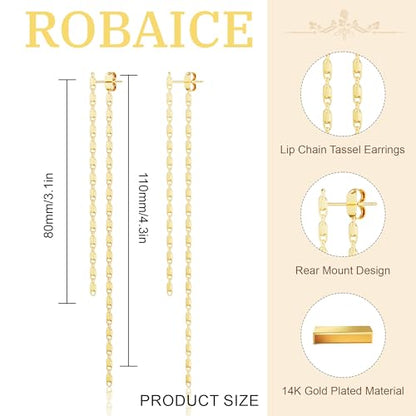 Robaice 14K Gold Plated Dangle Earrings for Women, Long Drop Earrings | Dainty Tassel Earrings Trendy, Hypoallergenic Dangling Lip Block Snake Chain, Threader Earrings for Women, Jewelry Gifts - color: Gold 3