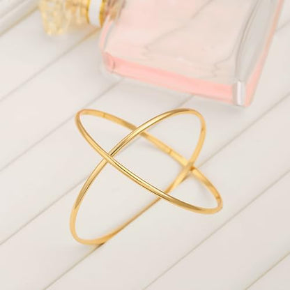 PERNNLA PEARL Dainty Gold Bar Bracelet for Women Simple Delicate Thin Cuff Bangle Hook Bracelet 18K Gold Plated Handmade Minimalist Jewelry - color: 33.Two Circles