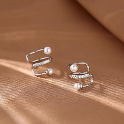 S925 Sterling Silver Pearl Ear Cuff Earrings for Women Mom Dainty 14K Gold Plated Pearl Wrap Earring Ear Cuff Non Piercing Clip-On Cartilage Earring Mothers Day Birthday Wedding Jewelry Gifts - color: Silver