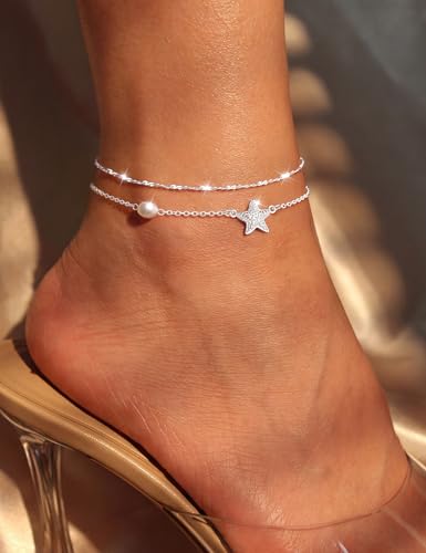 Gold Anklet Set for Women, Layered Beach Anklets | Layered gold-tone ankle bracelets, designed for beach days, vacations, and summer wear - style: Silver Anklet 1