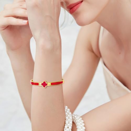 Clover Bracelets for Women Gold and Silver Chunky Oval Clover Bangle | 18k Gold Plated Stainless Steel,Precision Polished Non Tarnish,Black/White/Red/Pink/Orange Clover Bracelet Gifts for Women - color: Red