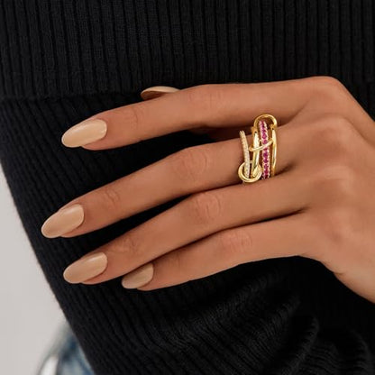 Cicy Bell Interlocking Ring for Women 18k Gold Plated CZ Stack Ring Set - color: Style B-Gold, size: 6
