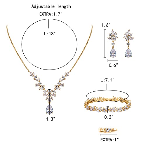 EleQueen Women's Wedding Bridal Jewelry Set for Brides Bridesmaids, Silver/14K Gold/Rose Gold Plated Cubic Zirconia Teardrop Necklace Dangle Earrings Bracelet Sets for Party Prom - color: 02-14K Gold-Necklace+Earrings+Bracelet