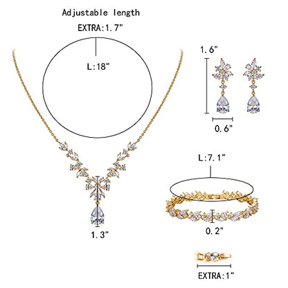 EleQueen Women's Wedding Bridal Jewelry Set for Brides Bridesmaids, Silver/14K Gold/Rose Gold Plated Cubic Zirconia Teardrop Necklace Dangle Earrings Bracelet Sets for Party Prom - color: 02-14K Gold-Necklace+Earrings+Bracelet