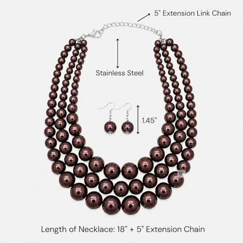 Simulated Pearl Necklace & Earring Set, Multi Strand - color: Dark Brown