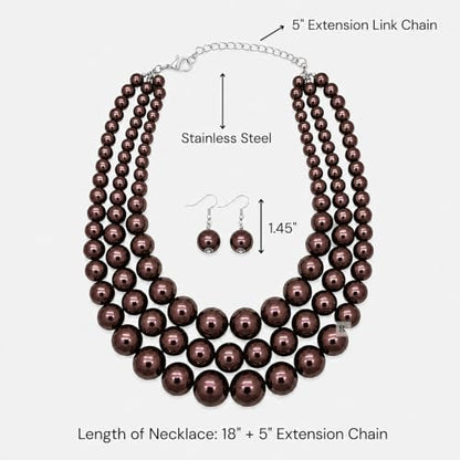 Simulated Pearl Necklace & Earring Set, Multi Strand - color: Dark Brown