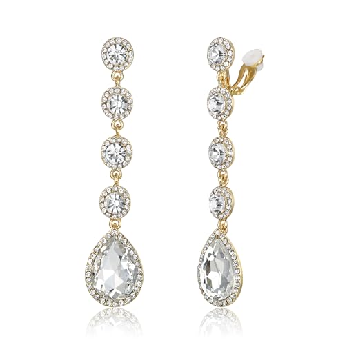 EleQueen Women's Wedding Crystal Teardrop Pear Shape 3 Inch Clip on Long Dangle Earrings for Bride Bridesmaid, Jewelry for Party Prom/Anniversary - color: White Gold-Tone