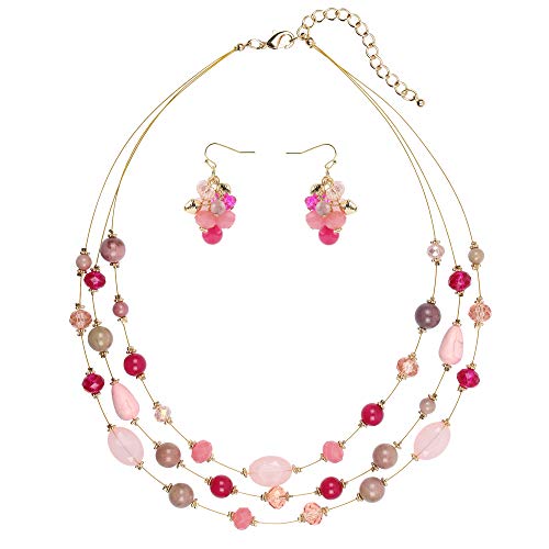 Coiris 3 Layers Illusion Wire Beaded Statement 19.5" Necklace for Women - color: N0005-Pink Mix