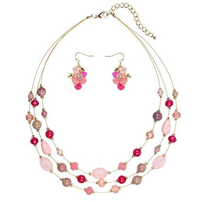 Coiris 3 Layers Illusion Wire Beaded Statement 19.5" Necklace for Women - color: N0005-Pink Mix