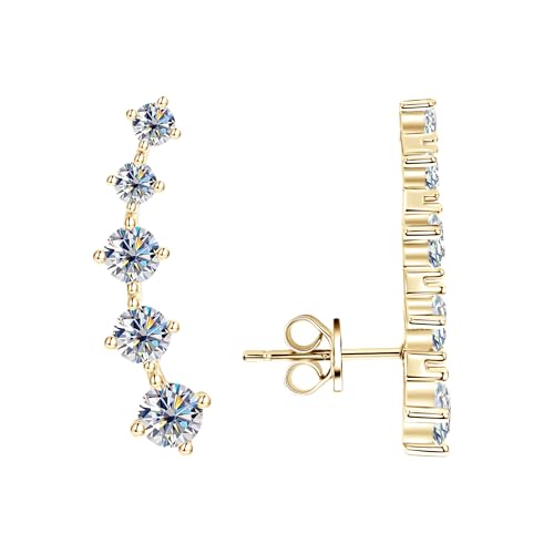 Moissanite Crawler Stud Earrings for Women, 14K Gold Plated Imitation Diamond 2.4 Carats Earrings Jewelry Valentine Anniversary Day Birthday Gifts for Her - color: Golden