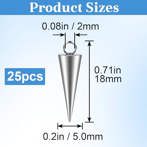 Cone Charm, Punk Style Spike Pendants with Small Hole, Glossy Gothic Dangle Cone Pendants Charm - color: Silver,Stainless Steel,25pcs,0.71"