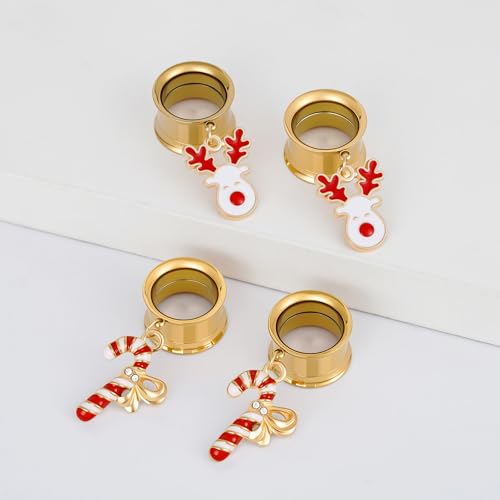 ERKUOO 4PCS Christmas Ear Tunnels Set Stainless Steel Double Flare Gold Tone Plug Gauges with Santa Snowman Reindeer Candy Cane Dangle Charms Holiday Stretching Jewelry Gift for Women Men 6mm-25mm - color: Reindeer & Candy Cane Set, size: 16mm