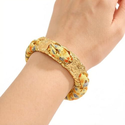Hammered Gold Metal Silk Scarf Bangle Women,Chunky Fabric Wrapped Open Cuff Bracelet,Boho Ethnic Style Geometric Jewelry, Elegant Statement Wrist - color: Yellow