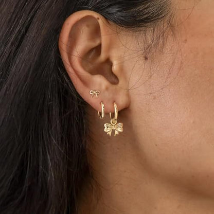 3 Pairs Earring Stacks, Gold Earring Set Jewelry Gift for Women | Small, 14K Gold/White Gold/Black/Rose Gold Plated, Hypoallergenic, Her, Everday, Stackable, Simple, 3 Holes - color: Gold-Bow